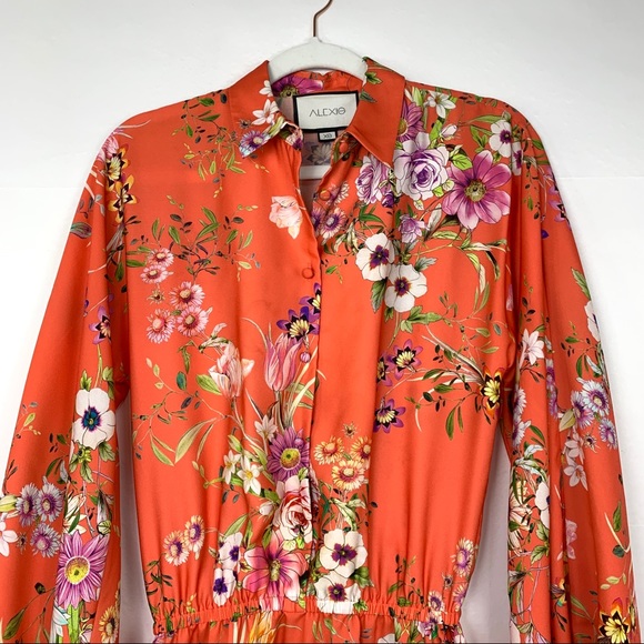 Alexis Loe Floral Ruffle Long Puff Sleeve Ruffle Mini Dress Red Orange XS - Picture 7 of 14